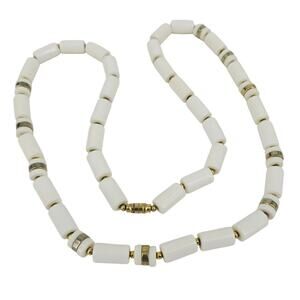 Vintage White Cylinder Beaded Necklace with Gold Separators 28" Boho